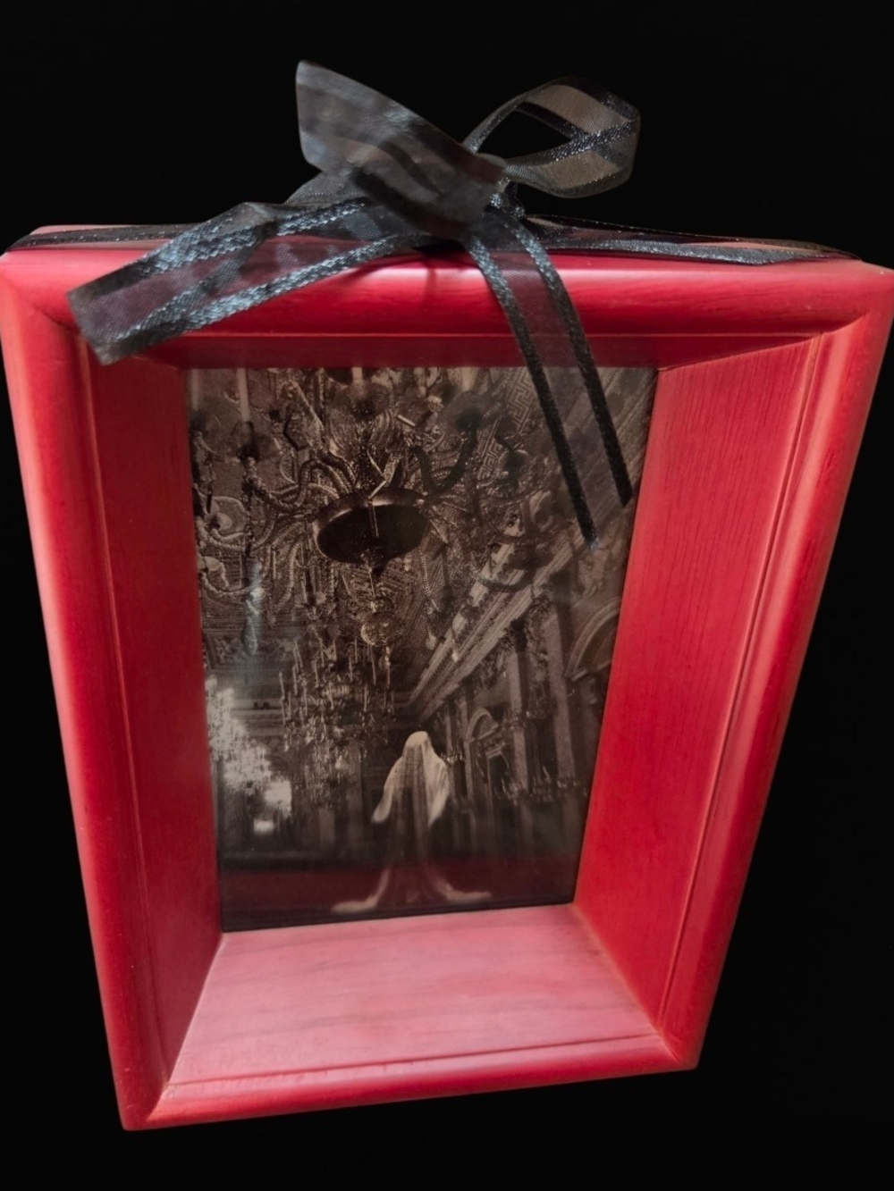 Victorian Ghost Acetate Print In Red Wood Frame Halloween Decor 7.5" With Ribbon